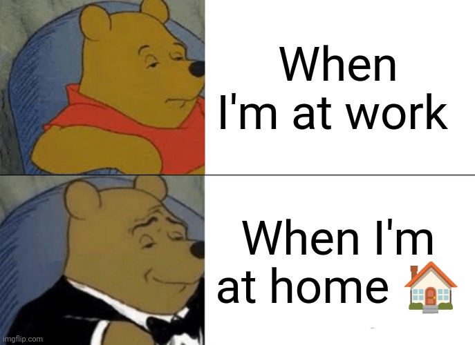 At home or at work | When I'm at work; When I'm at home 🏠 | image tagged in memes,tuxedo winnie the pooh,funny memes | made w/ Imgflip meme maker