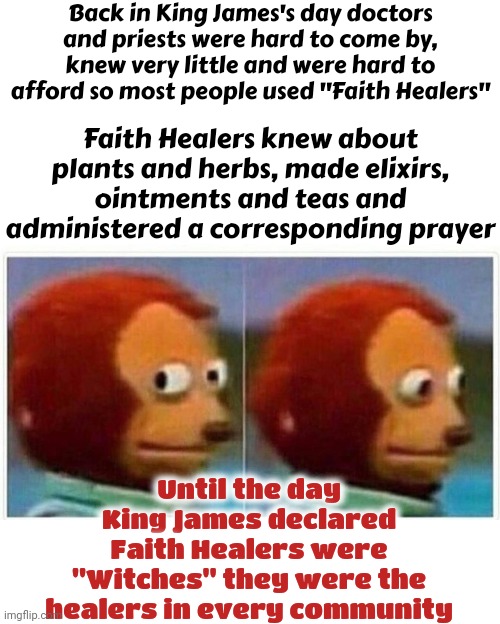 You Should Research Why King James Decided Faith Healers Were Witches.  It's A Stupid Reason That Has Caused Endless Suffering | Back in King James's day doctors and priests were hard to come by, knew very little and were hard to afford so most people used "Faith Healers"; Faith Healers knew about plants and herbs, made elixirs, ointments and teas and administered a corresponding prayer; Until the day King James declared Faith Healers were "Witches" they were the healers in every community | image tagged in memes,monkey puppet,famous assholes,god religion universe,civil rights,asshole | made w/ Imgflip meme maker