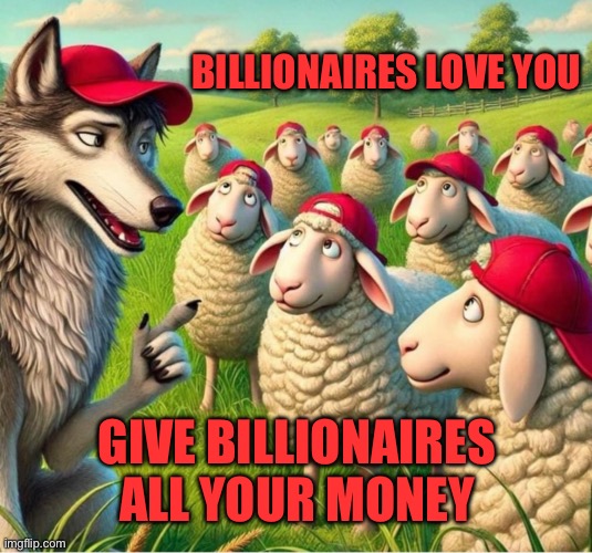 Billionaires don't love you maga sheep | BILLIONAIRES LOVE YOU; GIVE BILLIONAIRES ALL YOUR MONEY | image tagged in maga are sheep | made w/ Imgflip meme maker