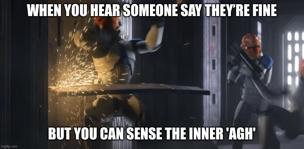 clone troopers | WHEN YOU HEAR SOMEONE SAY THEY’RE FINE; BUT YOU CAN SENSE THE INNER 'AGH' | image tagged in clone troopers | made w/ Imgflip meme maker