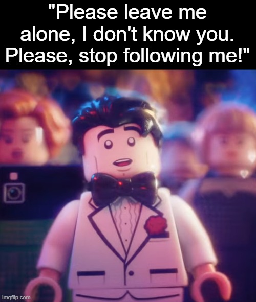 . | "Please leave me alone, I don't know you. Please, stop following me!" | image tagged in lego bruce wayne in love | made w/ Imgflip meme maker
