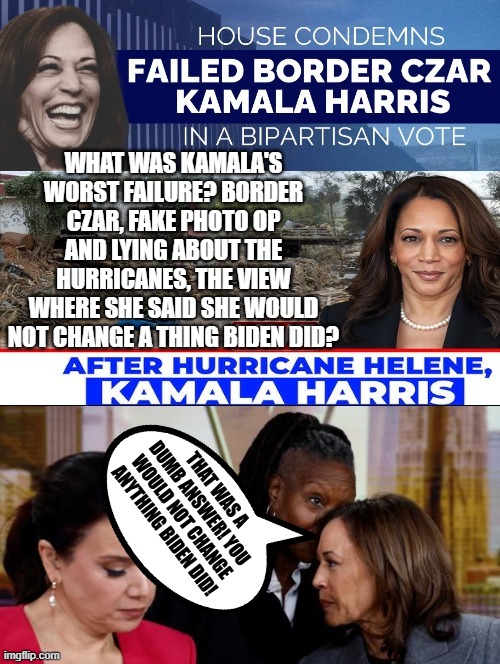 What was Kamala's worst failure? Border Czar, lying about the hurricanes,The View? | WHAT WAS KAMALA'S WORST FAILURE? BORDER CZAR, FAKE PHOTO OP AND LYING ABOUT THE HURRICANES, THE VIEW WHERE SHE SAID SHE WOULD NOT CHANGE A THING BIDEN DID? THAT WAS A DUMB ANSWER! YOU WOULD NOT CHANGE ANYTHING BIDEN DID! | image tagged in morons,idiots,sam elliott special kind of stupid | made w/ Imgflip meme maker