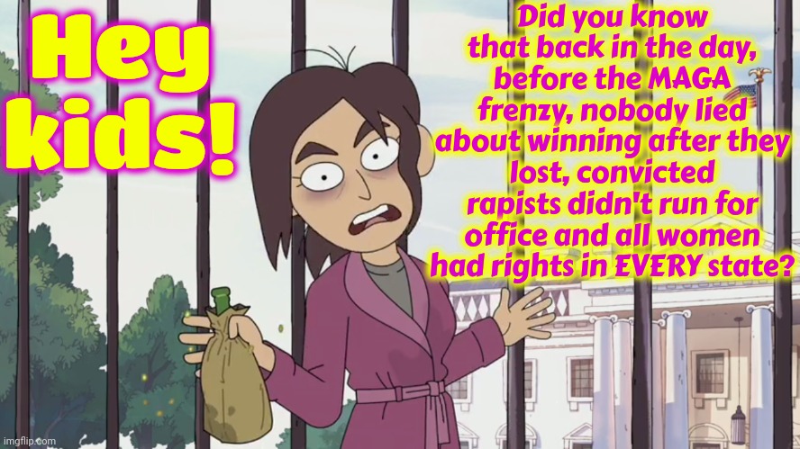 Don't Forget It | Hey kids! Did you know that back in the day, before the MAGA frenzy, nobody lied about winning after they lost, convicted rapists didn't run for office and all women had rights in EVERY state? | image tagged in hey kids,civil rights,civil,rights,women's rights,memes | made w/ Imgflip meme maker