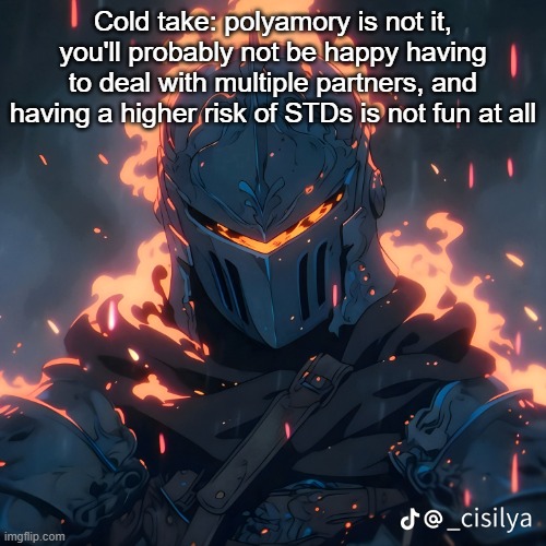 Maybe in the short term it sounds cool, but in the long term... | Cold take: polyamory is not it, you'll probably not be happy having to deal with multiple partners, and having a higher risk of STDs is not fun at all | image tagged in knight | made w/ Imgflip meme maker