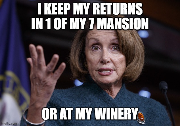 Good old Nancy Pelosi | I KEEP MY RETURNS IN 1 OF MY 7 MANSION OR AT MY WINERY | image tagged in good old nancy pelosi | made w/ Imgflip meme maker