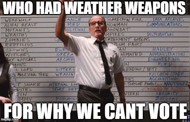 Weather weapons are real too? | WHO HAD WEATHER WEAPONS; FOR WHY WE CANT VOTE | image tagged in cabin the the woods,election,trump,kamala harris | made w/ Imgflip meme maker