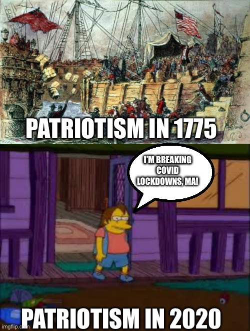 PATRIOTISM IN 1775; I’M BREAKING COVID LOCKDOWNS, MA! PATRIOTISM IN 2020 | image tagged in boston tea party | made w/ Imgflip meme maker