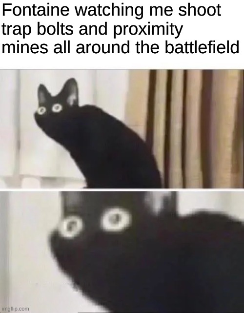 Bro's cooked | Fontaine watching me shoot trap bolts and proximity mines all around the battlefield | image tagged in oh no black cat,bioshock,crossbow | made w/ Imgflip meme maker