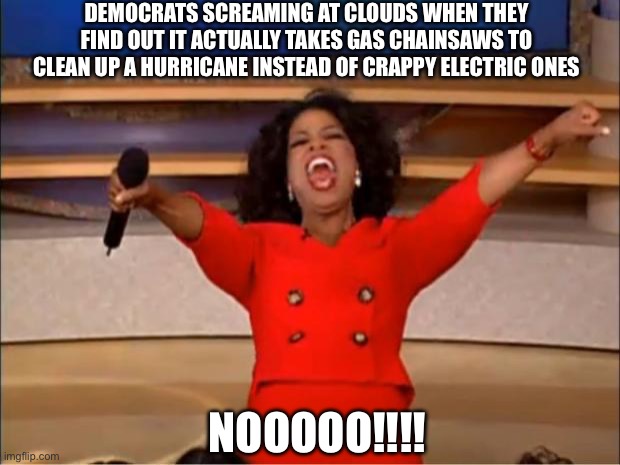 Real life sets in on those with lack of common sense | DEMOCRATS SCREAMING AT CLOUDS WHEN THEY FIND OUT IT ACTUALLY TAKES GAS CHAINSAWS TO CLEAN UP A HURRICANE INSTEAD OF CRAPPY ELECTRIC ONES; NOOOOO!!!! | image tagged in memes,oprah you get a,gas,power,we are intellectually superior in every way,hurricane | made w/ Imgflip meme maker