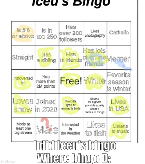 Whoops | I did Iceu's bingo
Where bingo D: | image tagged in iceu,bingoo | made w/ Imgflip meme maker