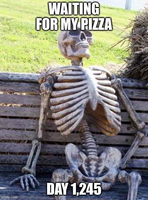 when you wait too long | WAITING FOR MY PIZZA; DAY 1,245 | image tagged in memes,waiting skeleton | made w/ Imgflip meme maker