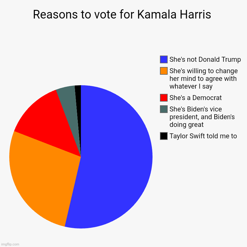 Reasons to vote | Reasons to vote for Kamala Harris | Taylor Swift told me to, She's Biden's vice president, and Biden's doing great, She's a Democrat, She's  | image tagged in charts,pie charts | made w/ Imgflip chart maker