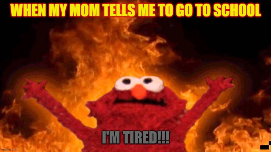 me in the morning | WHEN MY MOM TELLS ME TO GO TO SCHOOL; I'M TIRED!!! | image tagged in elmo fire | made w/ Imgflip meme maker