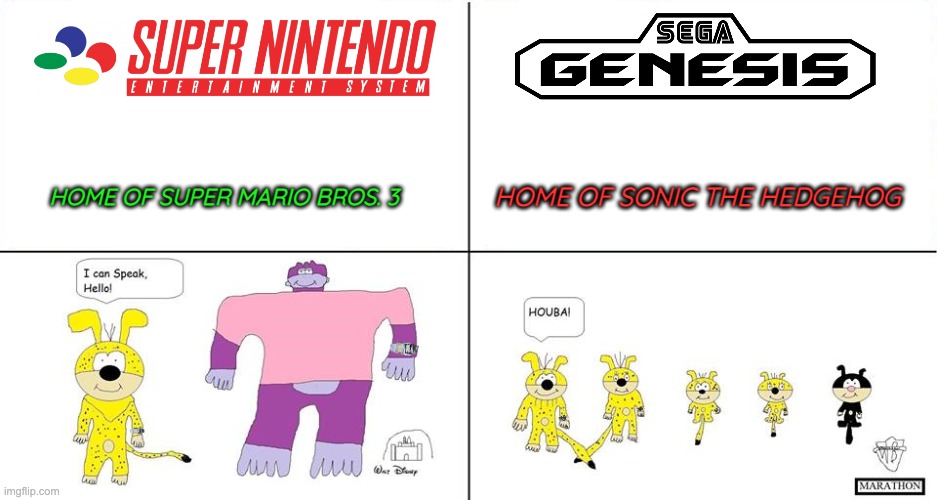 SNES vs SG | HOME OF SONIC THE HEDGEHOG; HOME OF SUPER MARIO BROS. 3 | image tagged in disney version vs marathon version | made w/ Imgflip meme maker