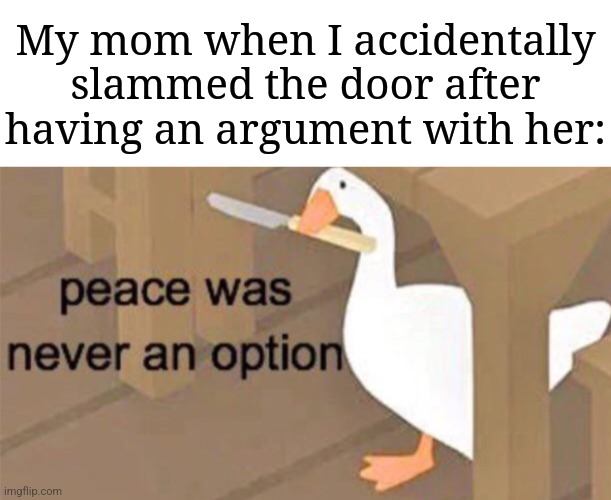 "Calm down, mom! It was a mistake!" | My mom when I accidentally slammed the door after having an argument with her: | image tagged in untitled goose peace was never an option,memes,funny,relatable | made w/ Imgflip meme maker