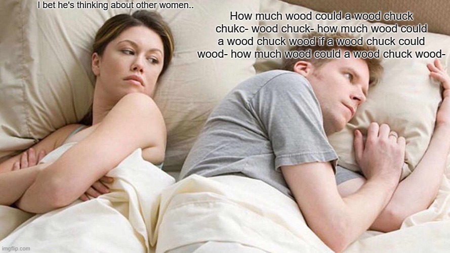 how much wood could a wood chuck culk chuck wood if a wood wood chuck could chick would- AHHHH | I bet he's thinking about other women.. How much wood could a wood chuck chukc- wood chuck- how much wood could a wood chuck wood if a wood chuck could wood- how much wood could a wood chuck wood- | image tagged in memes,i bet he's thinking about other women | made w/ Imgflip meme maker