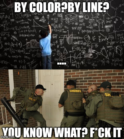 BY COLOR?BY LINE? .... YOU KNOW WHAT? F*CK IT | image tagged in equation,door cops | made w/ Imgflip meme maker