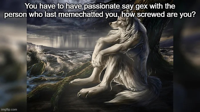 Sigma Wolf | You have to have passionate say gex with the person who last memechatted you, how screwed are you? | image tagged in sigma wolf | made w/ Imgflip meme maker