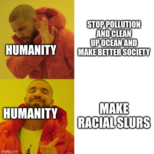 Drake Blank | STOP POLLUTION AND CLEAN UP OCEAN AND MAKE BETTER SOCIETY; HUMANITY; MAKE RACIAL SLURS; HUMANITY | image tagged in drake blank | made w/ Imgflip meme maker