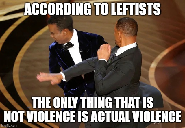 Will Smith punching Chris Rock | ACCORDING TO LEFTISTS THE ONLY THING THAT IS NOT VIOLENCE IS ACTUAL VIOLENCE | image tagged in will smith punching chris rock | made w/ Imgflip meme maker