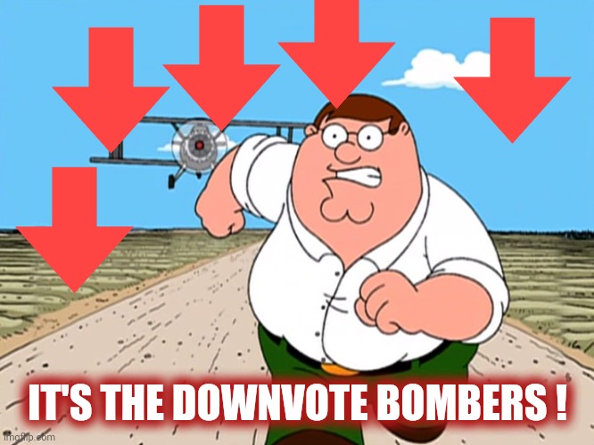 Peter Griffin running away | IT'S THE DOWNVOTE BOMBERS ! | image tagged in peter griffin running away | made w/ Imgflip meme maker