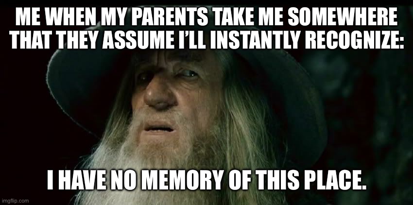 When My Parents Assume I’ll Recognize A Place, But I Don’t | ME WHEN MY PARENTS TAKE ME SOMEWHERE THAT THEY ASSUME I’LL INSTANTLY RECOGNIZE:; I HAVE NO MEMORY OF THIS PLACE. | image tagged in confused gandalf | made w/ Imgflip meme maker