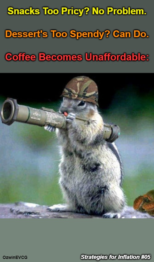 [V II] SFI 5 [V II] | Snacks Too Pricy? No Problem. Dessert's Too Spendy? Can Do. Coffee Becomes Unaffordable:; Strategies for Inflation #05; OzwinEVCG | image tagged in bidenomics,bazooka squirrel,inflation,struggle,political humor,real talk | made w/ Imgflip meme maker