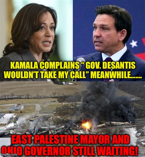 Kamala, incompetent politician, with zero self awareness | KAMALA COMPLAINS “ GOV. DESANTIS WOULDN’T TAKE MY CALL” MEANWHILE……. EAST PALESTINE MAYOR AND OHIO GOVERNOR STILL WAITING! | image tagged in gifs,kamala harris,democrats,incompetence | made w/ Imgflip meme maker