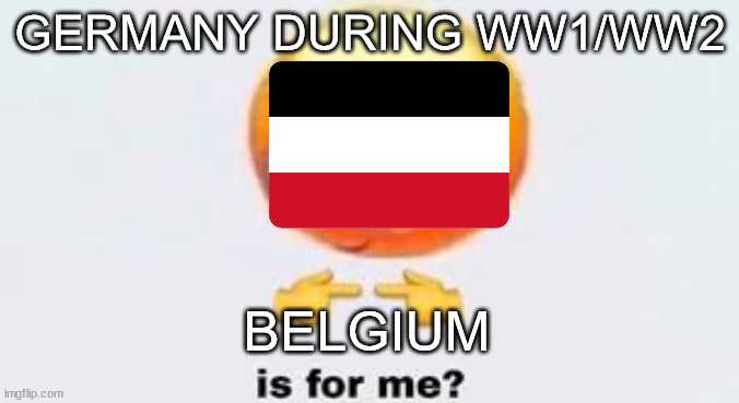 germany when belgium: | GERMANY DURING WW1/WW2; BELGIUM | image tagged in is for me,ww1,ww2,germany,belgium | made w/ Imgflip meme maker