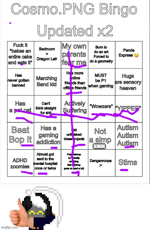 hey double bingo :D | KINDA | image tagged in cosmo png bingo updated x 2 | made w/ Imgflip meme maker