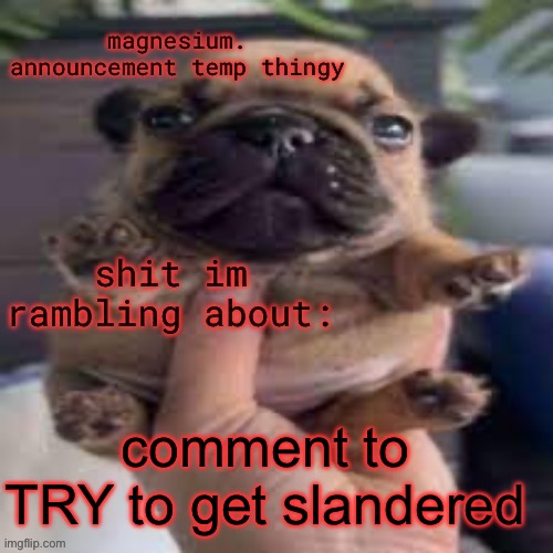 pug temp | comment to TRY to get slandered | image tagged in pug temp | made w/ Imgflip meme maker