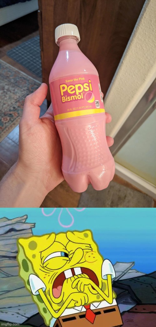 Pepsi Bismol | image tagged in grossed out spongebob,pepto bismol,pepsi,cursed image,memes,medicine | made w/ Imgflip meme maker