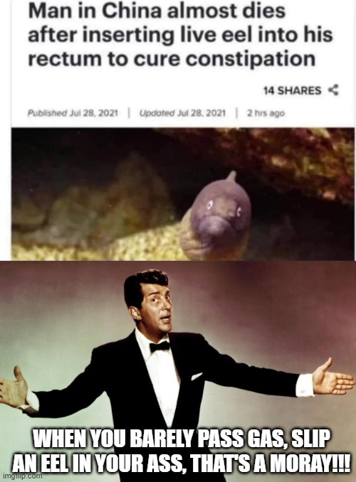 Deano Sings About an Eel | WHEN YOU BARELY PASS GAS, SLIP AN EEL IN YOUR ASS, THAT'S A MORAY!!! | image tagged in dean martin | made w/ Imgflip meme maker