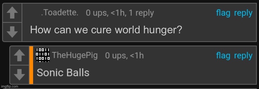 Thp Sonic balls | How can we cure world hunger? | image tagged in thp sonic balls | made w/ Imgflip meme maker