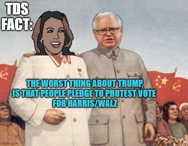 THE ANTITHESIS of MAGA Extremists | TDS
FACT:; THE WORST THING ABOUT TRUMP,
IS THAT PEOPLE PLEDGE TO PROTEST VOTE 
FOR HARRIS/WALZ | image tagged in stalin and mao,kamala harris,tampon,politics,karl marx,nevertrump meme | made w/ Imgflip meme maker