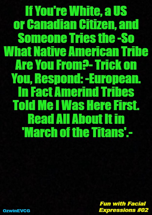 Fun with Facial Expressions #02 | If You're White, a US 

or Canadian Citizen, and 

Someone Tries the -So 

What Native American Tribe 

Are You From?- Trick on 

You, Respond: -European. 

In Fact Amerind Tribes 

Told Me I Was Here First. 

Read All About It in 

'March of the Titans'.-; OzwinEVCG; Fun with Facial 

Expressions #02 | image tagged in canada,usa,real talk,real history,say what,say what again | made w/ Imgflip meme maker