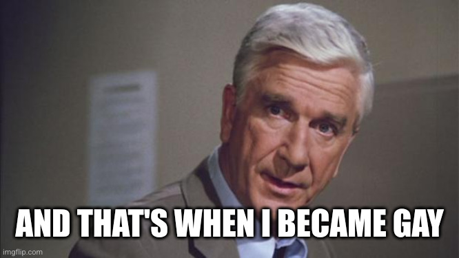 police squad | AND THAT'S WHEN I BECAME GAY | image tagged in police squad | made w/ Imgflip meme maker