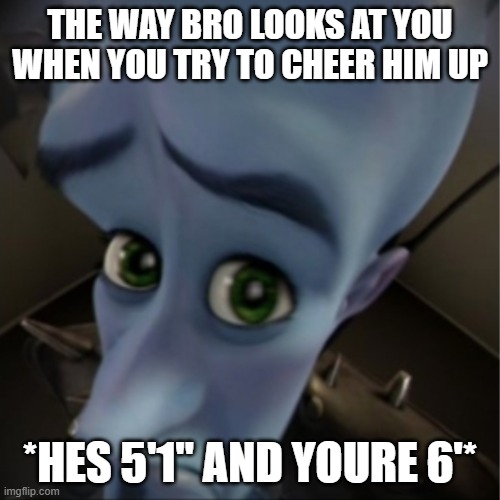 Megamind peeking | THE WAY BRO LOOKS AT YOU WHEN YOU TRY TO CHEER HIM UP; *HES 5'1" AND YOURE 6'* | image tagged in megamind peeking | made w/ Imgflip meme maker