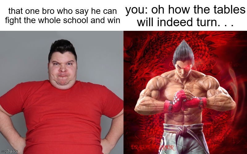 Nikocado Avocado vs Kazuya Mishima | that one bro who say he can fight the whole school and win; you: oh how the tables will indeed turn. . . | image tagged in nikocado avocado vs kazuya mishima | made w/ Imgflip meme maker