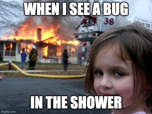 Don't Know What'll Hit Them | WHEN I SEE A BUG; IN THE SHOWER | image tagged in memes,disaster girl | made w/ Imgflip meme maker