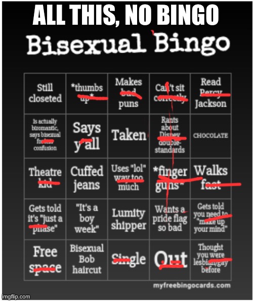 ? | ALL THIS, NO BINGO | image tagged in bisexual bingo | made w/ Imgflip meme maker