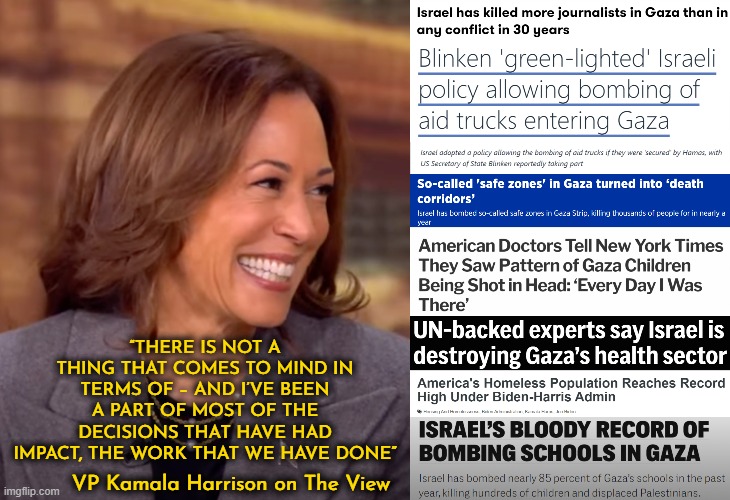 Kamala Harris confesses to Gaza Genocide | “THERE IS NOT A THING THAT COMES TO MIND IN TERMS OF – AND I’VE BEEN A PART OF MOST OF THE DECISIONS THAT HAVE HAD IMPACT, THE WORK THAT WE HAVE DONE”; VP Kamala Harrison on The View | image tagged in kamala harris,gaza,genocide,ive committed various war crimes,war criminal,the view | made w/ Imgflip meme maker