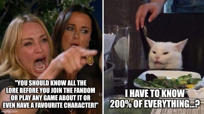 Do I? | "YOU SHOULD KNOW ALL THE LORE BEFORE YOU JOIN THE FANDOM OR PLAY ANY GAME ABOUT IT OR EVEN HAVE A FAVOURITE CHARACTER!"; I HAVE TO KNOW 200% OF EVERYTHING...? | image tagged in angry lady cat | made w/ Imgflip meme maker