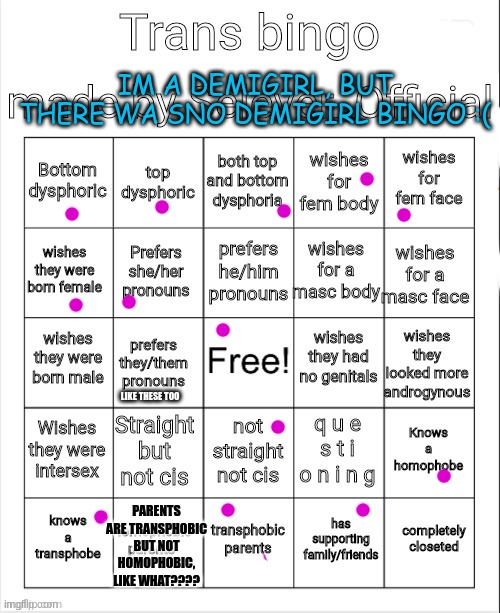 More bingos!!!!!! ( also can someome make a demigirl bingo, im to lazyyyyy :( lollllll ) | IM A DEMIGIRL, BUT THERE WA SNO DEMIGIRL BINGO :(; LIKE THESE TOO; PARENTS ARE TRANSPHOBIC BUT NOT HOMOPHOBIC, LIKE WHAT???? | image tagged in trans bingo | made w/ Imgflip meme maker