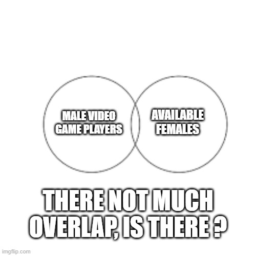 memes by Brad - Venn diagram about male video gamers and females - humor | AVAILABLE FEMALES; MALE VIDEO GAME PLAYERS; THERE NOT MUCH OVERLAP, IS THERE ? | image tagged in gaming,funny,venn diagram,video games,relationships,humor | made w/ Imgflip meme maker