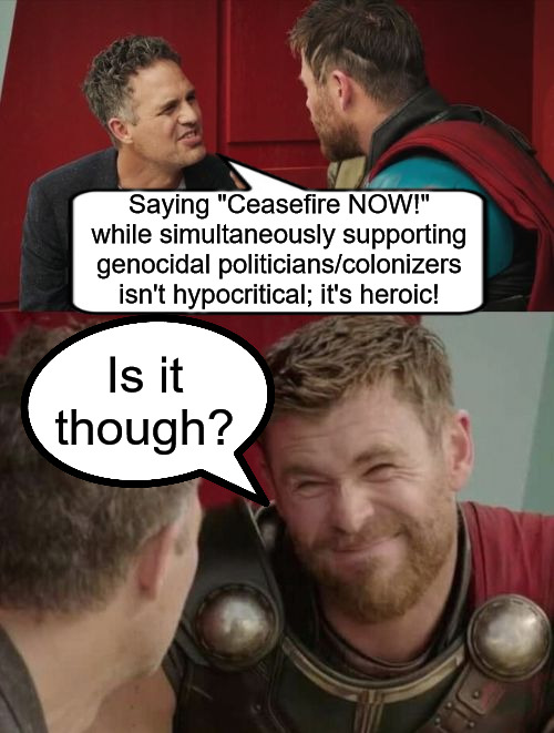 #VoteSocialist2024 | Saying "Ceasefire NOW!" while simultaneously supporting genocidal politicians/colonizers isn't hypocritical; it's heroic! Is it though? | image tagged in is it though,free palestine,holocaust harris,don the con | made w/ Imgflip meme maker