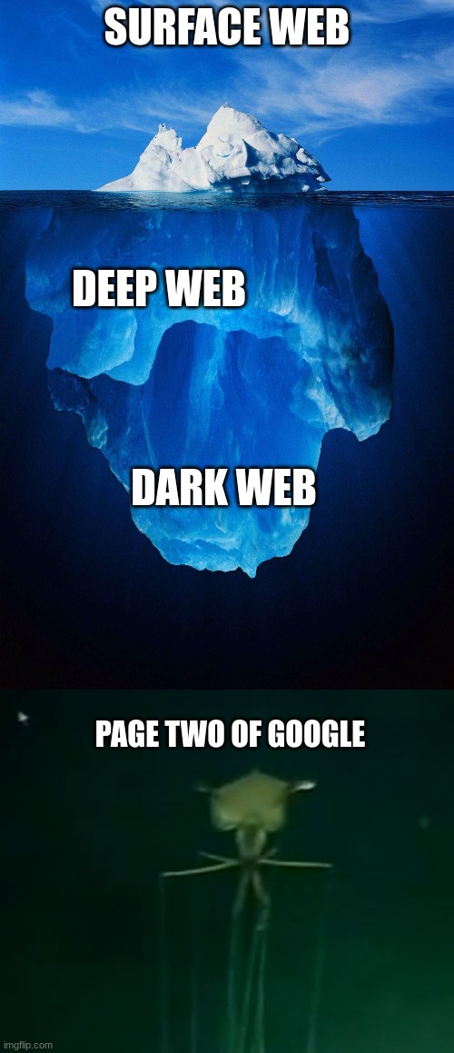 damn | SURFACE WEB; DEEP WEB; DARK WEB; PAGE TWO OF GOOGLE | image tagged in iceberg,internet,memes,iceberg levels tiers,deep web,google | made w/ Imgflip meme maker