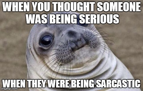 Awkward Moment Sealion Meme | WHEN YOU THOUGHT SOMEONE WAS BEING SERIOUS WHEN THEY WERE BEING SARCASTIC | image tagged in memes,awkward moment sealion | made w/ Imgflip meme maker