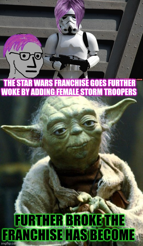 star wars meme | THE STAR WARS FRANCHISE GOES FURTHER WOKE BY ADDING FEMALE STORM TROOPERS; FURTHER BROKE THE FRANCHISE HAS BECOME | image tagged in storm trooper,memes,star wars yoda | made w/ Imgflip meme maker