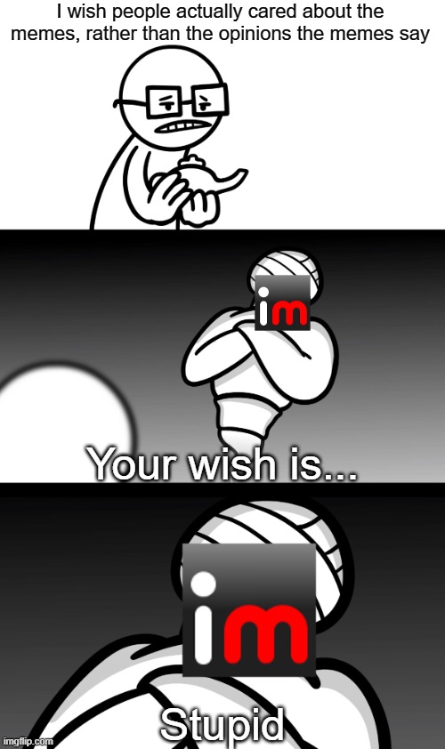 trust me, we ALL do | I wish people actually cared about the memes, rather than the opinions the memes say; Your wish is... Stupid | image tagged in your wish is stupid,memes,imgflip community | made w/ Imgflip meme maker